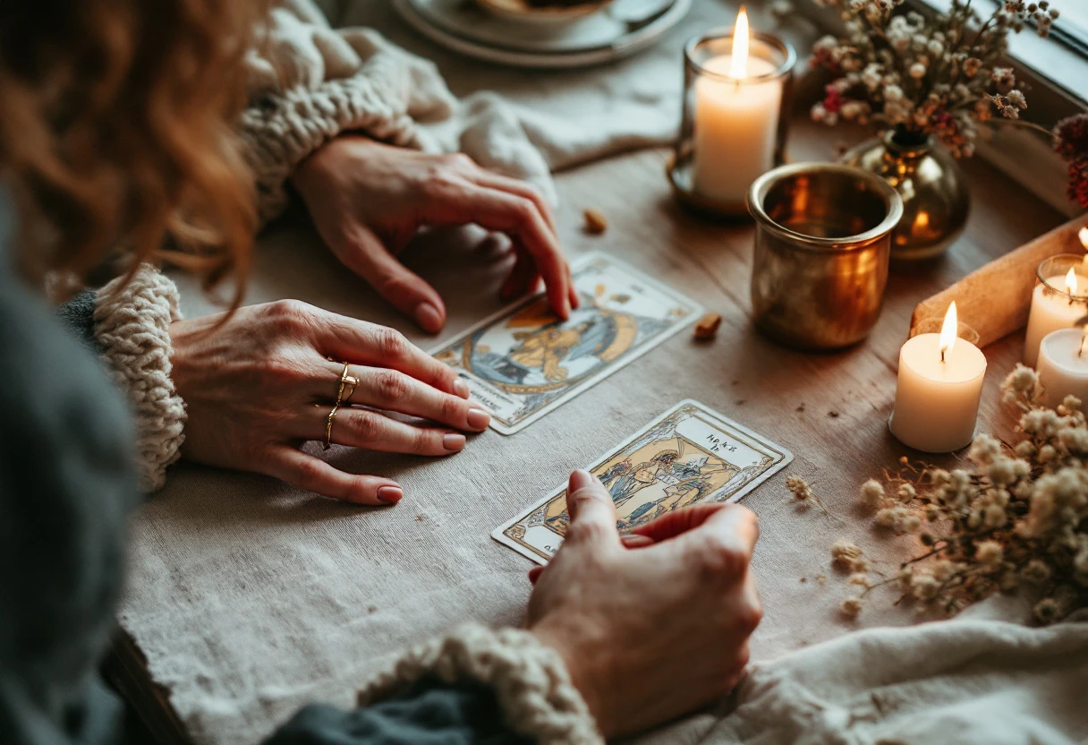 Les mains d'Astréa posent les cartes du Tarot de Marseille sur une nappe de lin, parmi des bougies.