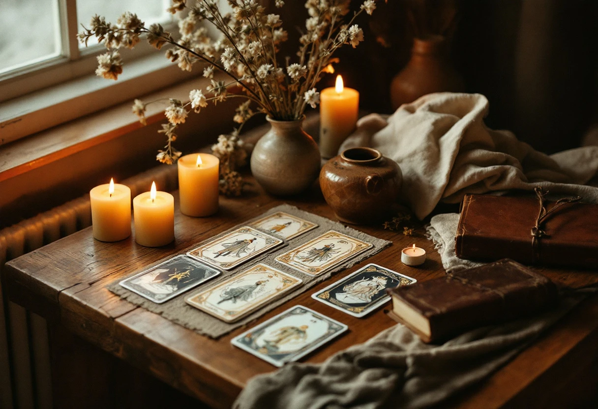 Un coin de lecture : cartes de Tarot étalées sur une table en bois, bougies et fleurs séchées près d'une fenêtre.
